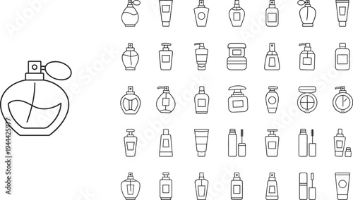 Black and white cosmetic container icons set featuring perfume bottles, lotion dispensers, tubes, jars, and makeup packaging illustrations for beauty, skincare, and personal care branding design.