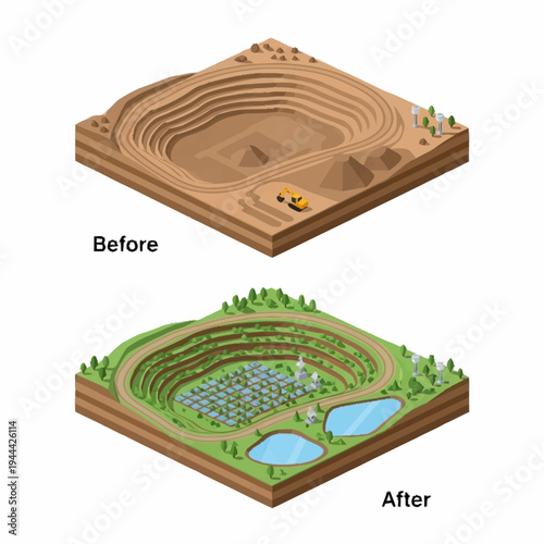 Isometric illustration of a mine before and after reclamation showing environmental restoration.