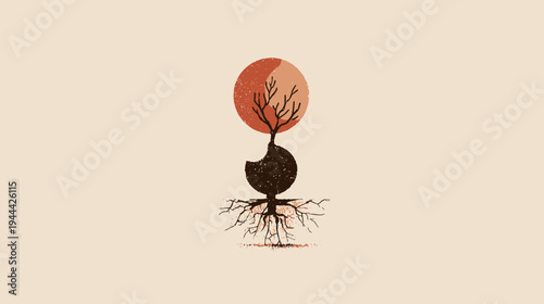 A simple illustration of a stylized tree with roots, trunk, and sun. A neutral background