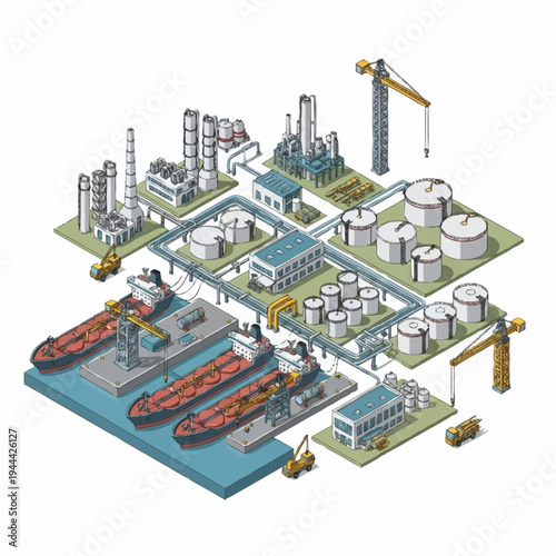 Isometric illustration of a large industrial complex with oil refineries, storage tanks, and cargo ships.