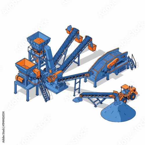 Isometric illustration of a modern industrial crushing and sorting plant.