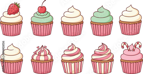 Flat vector illustration set of colorful cupcakes with various toppings including strawberry cherry hearts and candy canes isolated on white background for bakery dessert and celebration design.