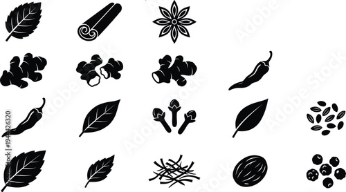 Herbs and Spices Silhouette Icon Set with Cinnamon, Star Anise, Chili Pepper, Leaves, Seeds and Organic Seasoning Ingredients for Cooking and Food Design