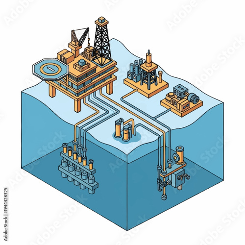 Isometric illustration of offshore oil and gas production facilities.