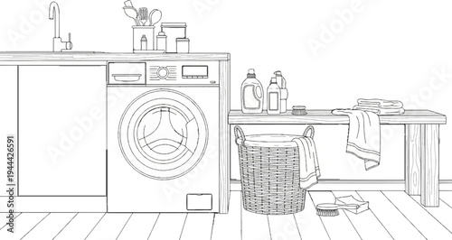 Laundry room scene with washing machine, basket, and supplies