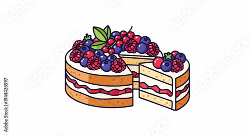 Layered cake with cream, jam filling, and fresh berries