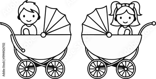Line art depiction of a boy and a girl in vintage prams