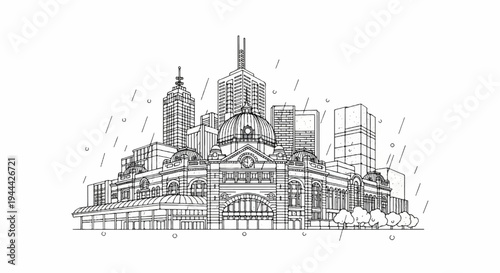 Line art cityscape with central dome building and modern skyscrapers during rainfall