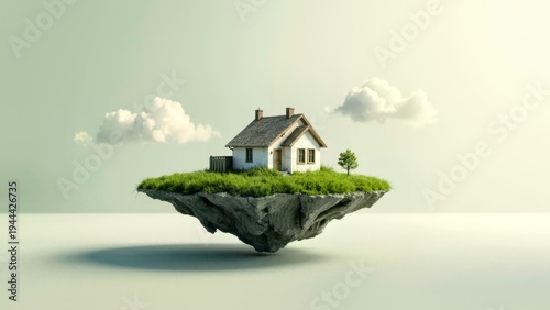 Suspended island wooden house cloud natural landscape