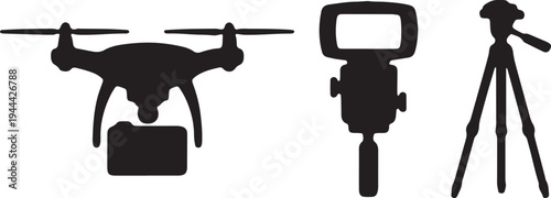Aerial photography equipment including a drone, camera, and tripod.