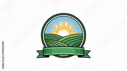 A vibrant emblem featuring a rising sun over rolling green hills