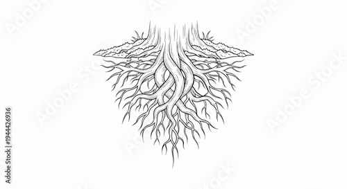 Intricate black and white illustration of intertwined tree roots and soil