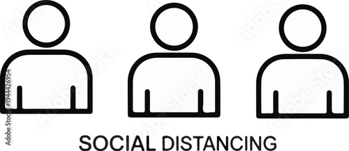 Line art icon of three people spaced apart with the text "SOCIAL DISTANCING