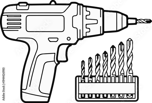 Line art illustration of a cordless drill and a set of assorted drill bits