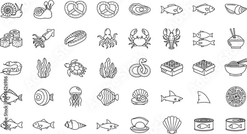 Seafood and marine life line icons set, ocean fish shell sushi outline vector collection for restaurant menu design