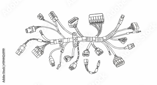 Intricate electrical wire harness with multiple connectors, detailed schematic