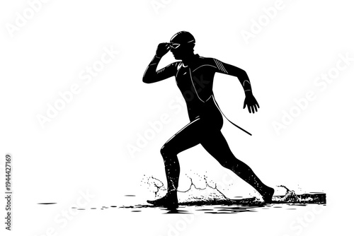 Female Triathlete Wetsuit Running out of Water Transition Zone Open Water Swim Triathlon Black Vector Silhouette