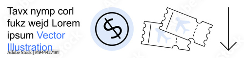Financial planning, travel expenses, budgeting, ticket sales, economic analysis, savings strategy. Currency symbol, tickets and a downward arrow are . Budgeting and travel expenses concept