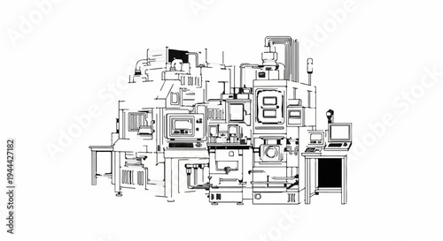 Intricate line drawing of complex industrial machinery with monitors