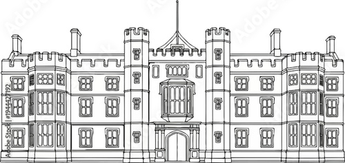 Intricate line drawing of a large, symmetrical, historic stone building with many windows