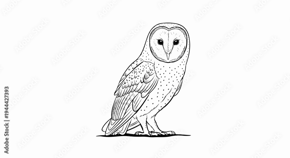 Fototapeta premium Line art of a barn owl, detailed feathers, dots, black and white