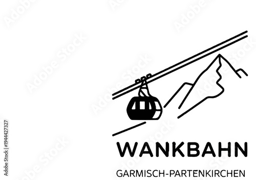 Line art logo of a cable car ascending mountains, with location text below