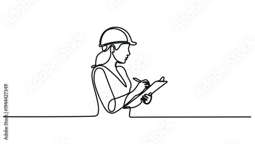 A female construction worker is reading a clipboard