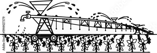 Irrigation system watering crops on a farm