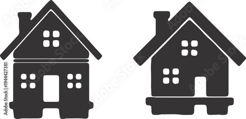 Two stylized silhouettes of houses with distinct architectural features shown side by side.