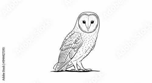 Line art of a barn owl, detailed feathers, dots, black and white