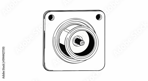 Isometric line drawing of a coaxial connector with a square flange and center pin