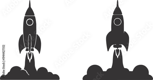 Two stylized rockets launching amidst fiery clouds