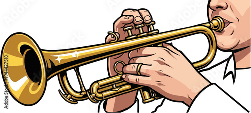 Hands playing a golden brass trumpet with a white background