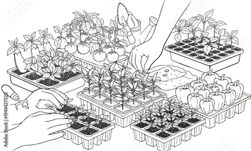 Hands planting seedlings in trays with ripe vegetables and watering can