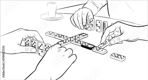 Hands playing dominoes on a table with a cup nearby