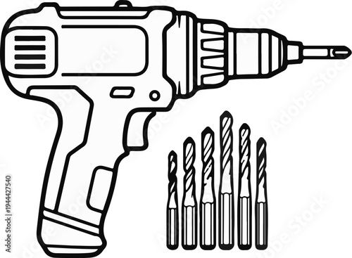 Line art of a cordless drill with a set of assorted drill bits displayed below