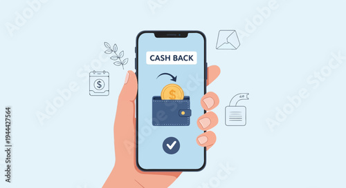 Hand holding phone displaying cash back, coin, wallet, calendar, lock, mail