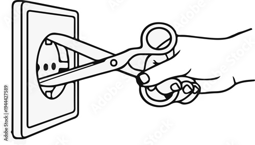 Hand holding scissors to an electrical outlet