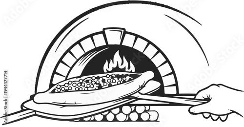 Hand places a topped flatbread into a flaming brick oven