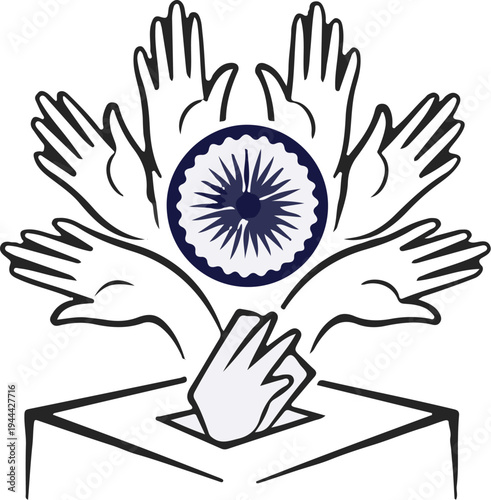 Hands voting for a central wheel symbolizing democratic choice