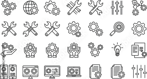 Settings and configuration line icons set with gears tools system control maintenance engineering software management outline vector collection pack