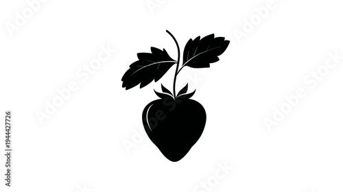 A simple, black silhouette of a strawberry with a stem and two leaves on a white background