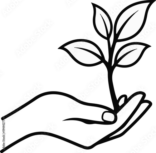 Line art of a hand holding a young plant with multiple leaves