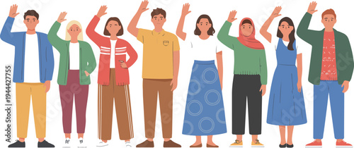 Diverse group of eight people waving together in flat minimalist illustration representing community greeting, unity, and friendly social interaction