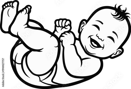 Happy baby laying on back, arms and legs up, smiling widely