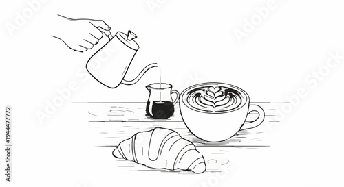 Hand pouring liquid into small jug with coffee, croissant, and latte art