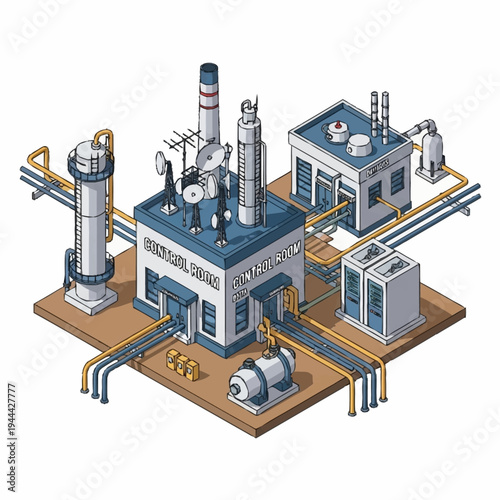 Isometric Industrial Plant with Buildings and Infrastructure.