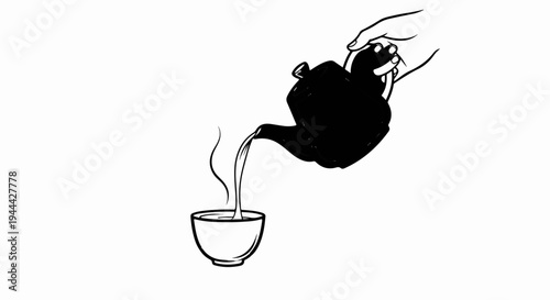 Hand pours hot liquid from a teapot into a steaming cup