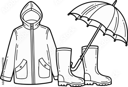 Line art of a hooded jacket, two boots, and an umbrella for rainy weather