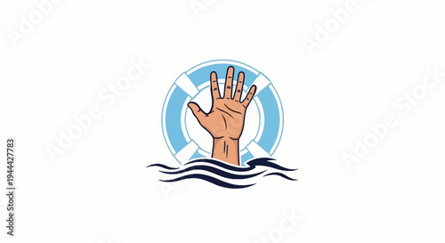 Hand reaching out of water with life preserver